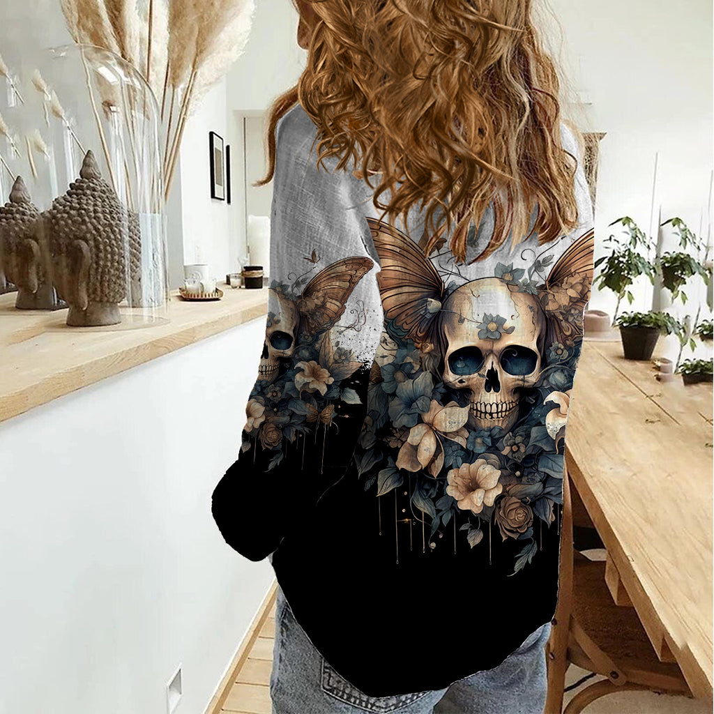 Butterfly Skull Women Casual Shirt Flower Butterfly Gothic Skull - Wonder Print Shop