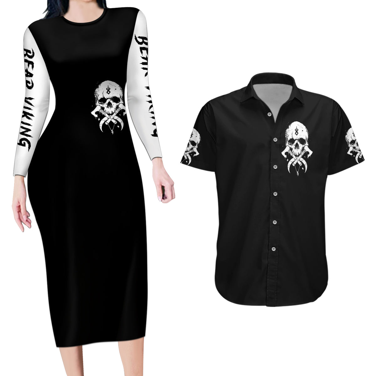 Viking Skull Couples Matching Long Sleeve Bodycon Dress and Hawaiian Shirt Bear Viking Cross Skull - Wonder Print Shop