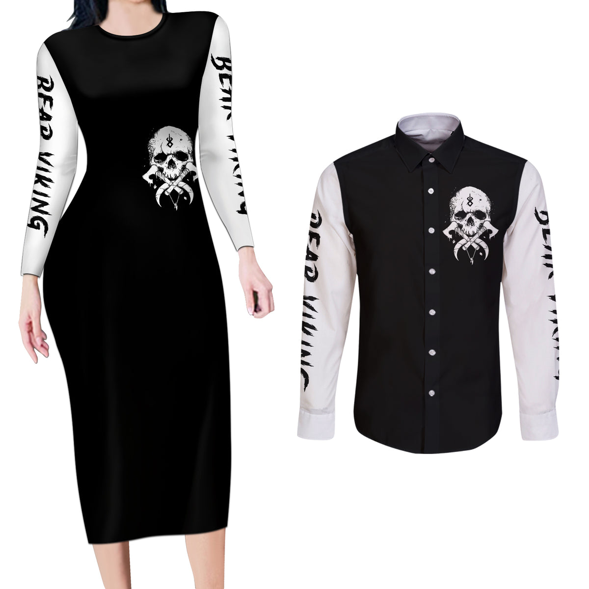 Viking Skull Couples Matching Long Sleeve Bodycon Dress and Long Sleeve Button Shirts Bear Viking Cross Skull - Wonder Print Shop