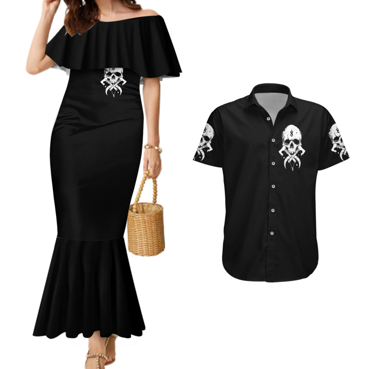 Viking Skull Couples Matching Mermaid Dress and Hawaiian Shirt Bear Viking Cross Skull - Wonder Print Shop