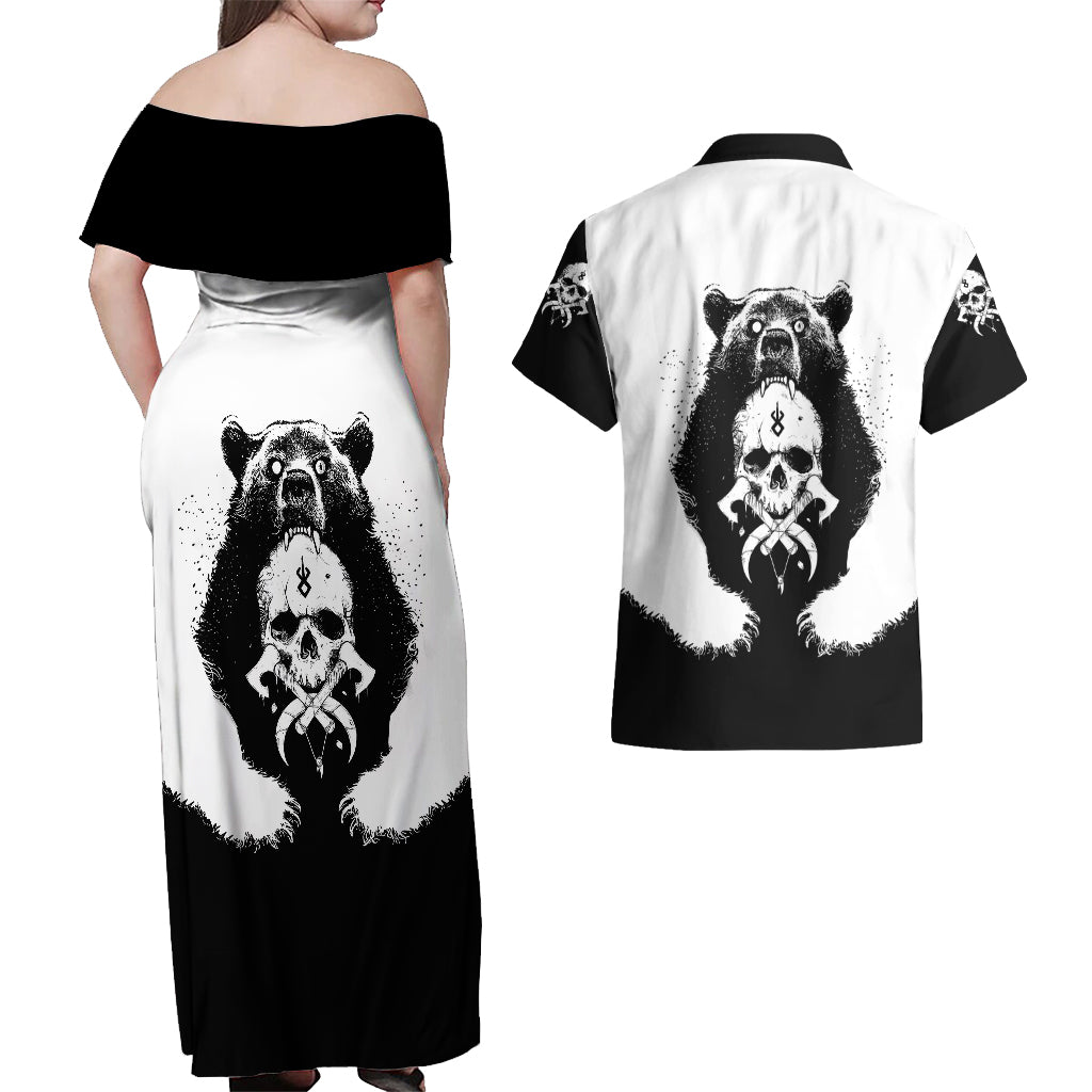 Viking Skull Couples Matching Off Shoulder Maxi Dress and Hawaiian Shirt Bear Viking Cross Skull - Wonder Print Shop