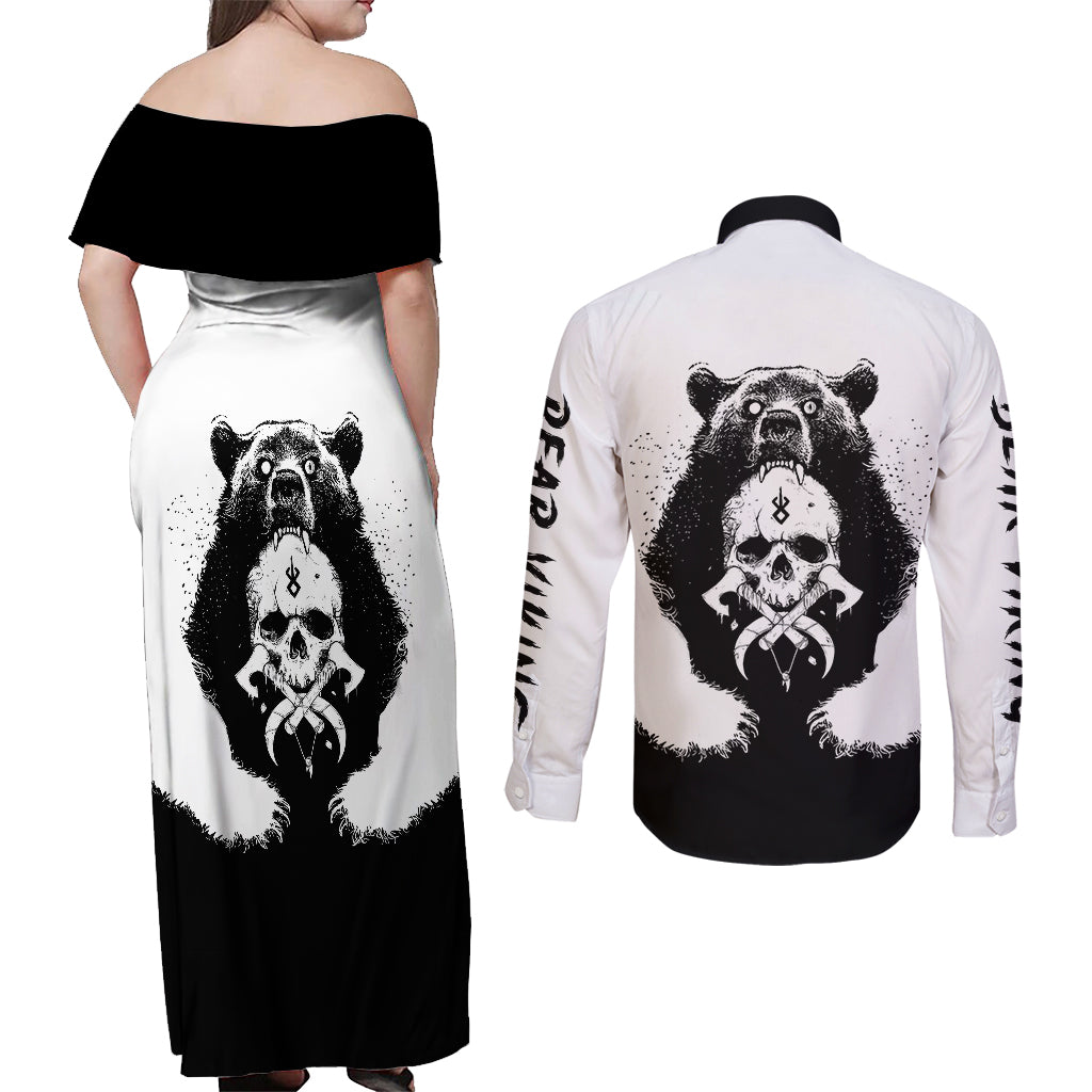 Viking Skull Couples Matching Off Shoulder Maxi Dress and Long Sleeve Button Shirts Bear Viking Cross Skull - Wonder Print Shop