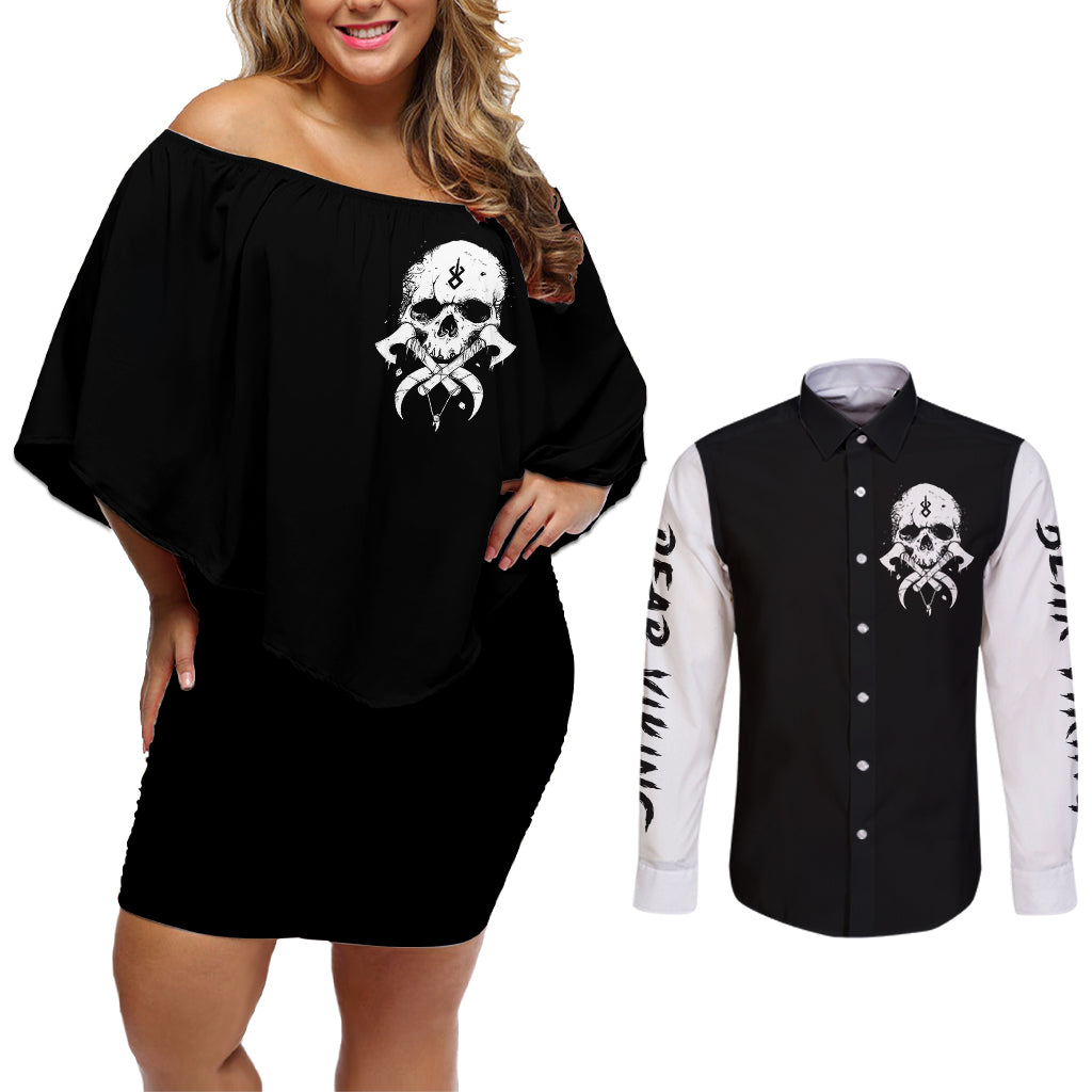 Viking Skull Couples Matching Off Shoulder Short Dress and Long Sleeve Button Shirts Bear Viking Cross Skull - Wonder Print Shop