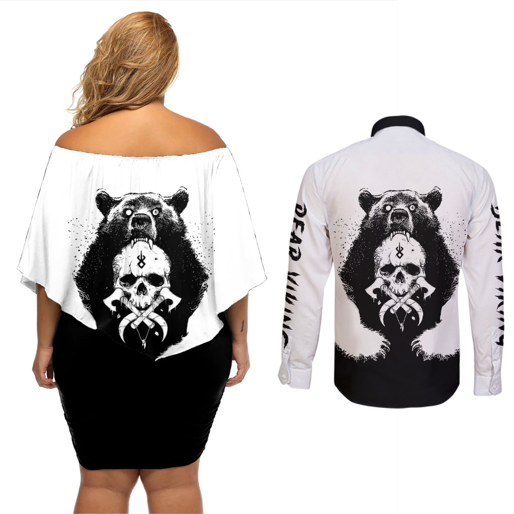 Viking Skull Couples Matching Off Shoulder Short Dress and Long Sleeve Button Shirts Bear Viking Cross Skull - Wonder Print Shop