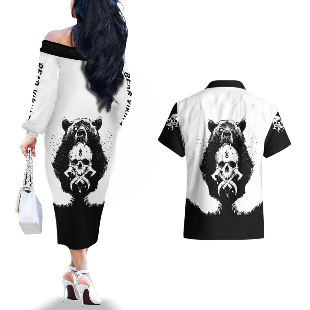 Viking Skull Couples Matching Off The Shoulder Long Sleeve Dress and Hawaiian Shirt Bear Viking Cross Skull - Wonder Print Shop