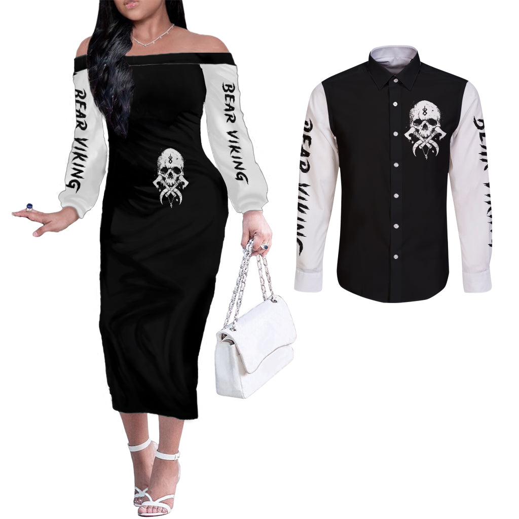 viking-skull-couples-matching-off-the-shoulder-long-sleeve-dress-and-long-sleeve-button-shirts-bear-viking-cross-skull
