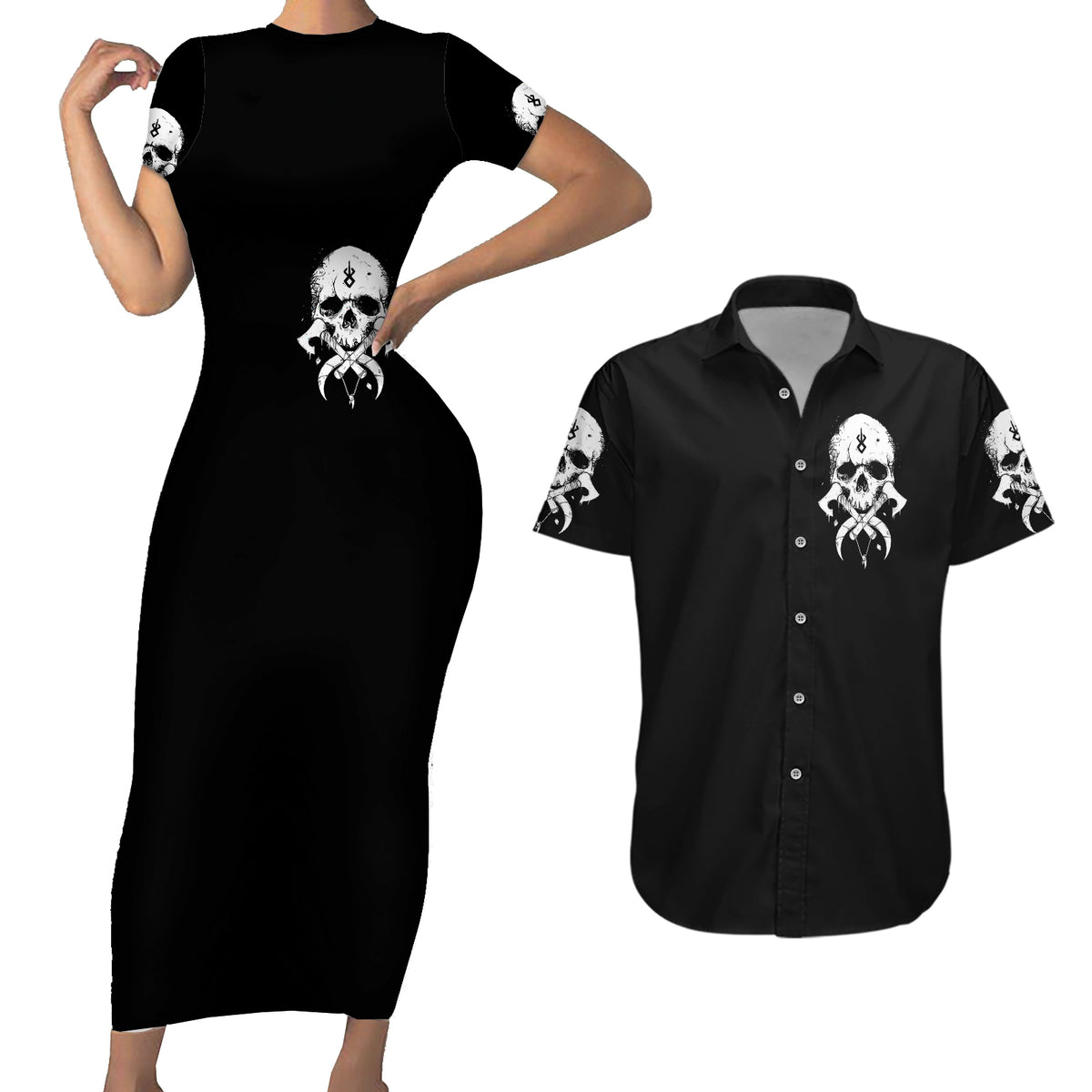 Viking Skull Couples Matching Short Sleeve Bodycon Dress and Hawaiian Shirt Bear Viking Cross Skull - Wonder Print Shop
