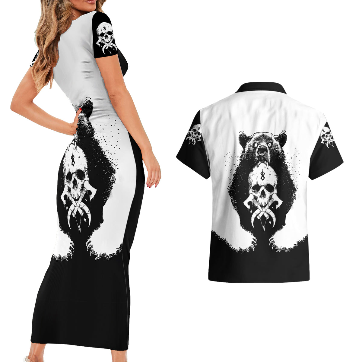 Viking Skull Couples Matching Short Sleeve Bodycon Dress and Hawaiian Shirt Bear Viking Cross Skull - Wonder Print Shop