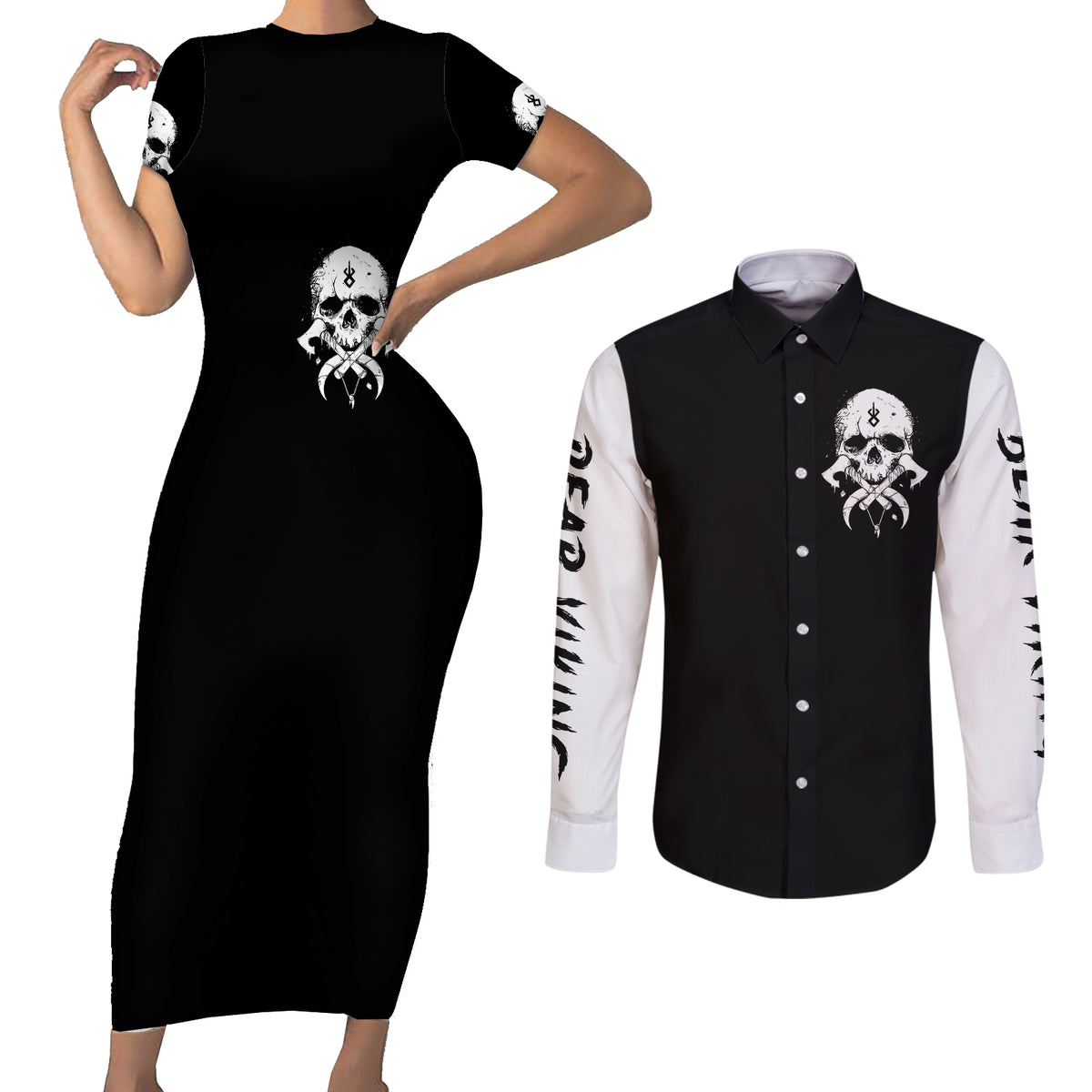 Viking Skull Couples Matching Short Sleeve Bodycon Dress and Long Sleeve Button Shirts Bear Viking Cross Skull - Wonder Print Shop