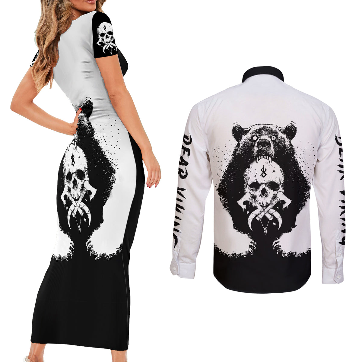 Viking Skull Couples Matching Short Sleeve Bodycon Dress and Long Sleeve Button Shirts Bear Viking Cross Skull - Wonder Print Shop