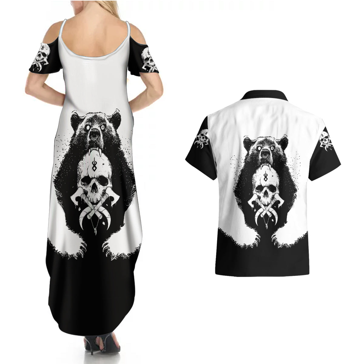 Viking Skull Couples Matching Summer Maxi Dress and Hawaiian Shirt Bear Viking Cross Skull - Wonder Print Shop