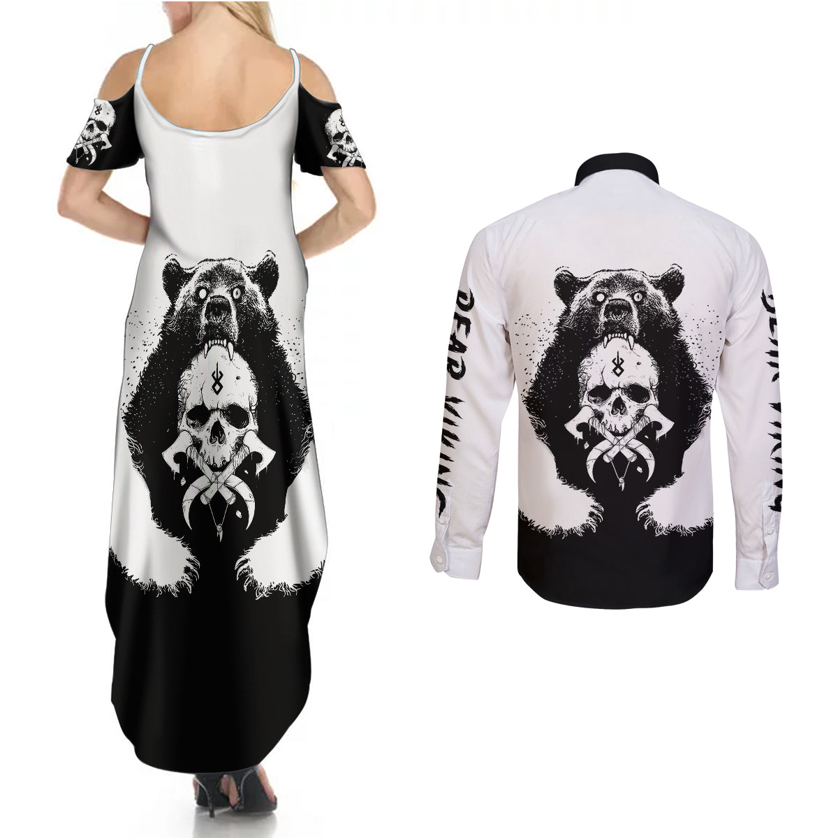 Viking Skull Couples Matching Summer Maxi Dress and Long Sleeve Button Shirts Bear Viking Cross Skull - Wonder Print Shop