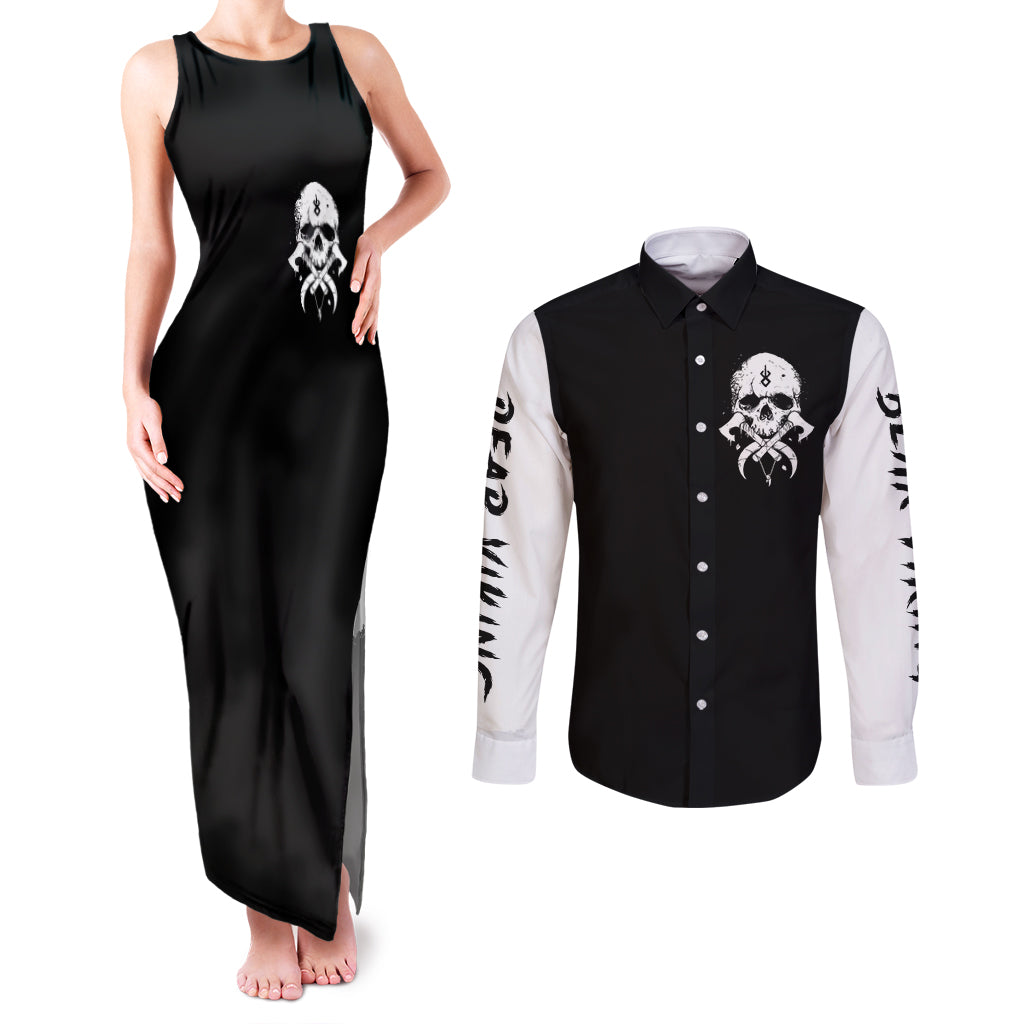Viking Skull Couples Matching Tank Maxi Dress and Long Sleeve Button Shirts Bear Viking Cross Skull - Wonder Print Shop