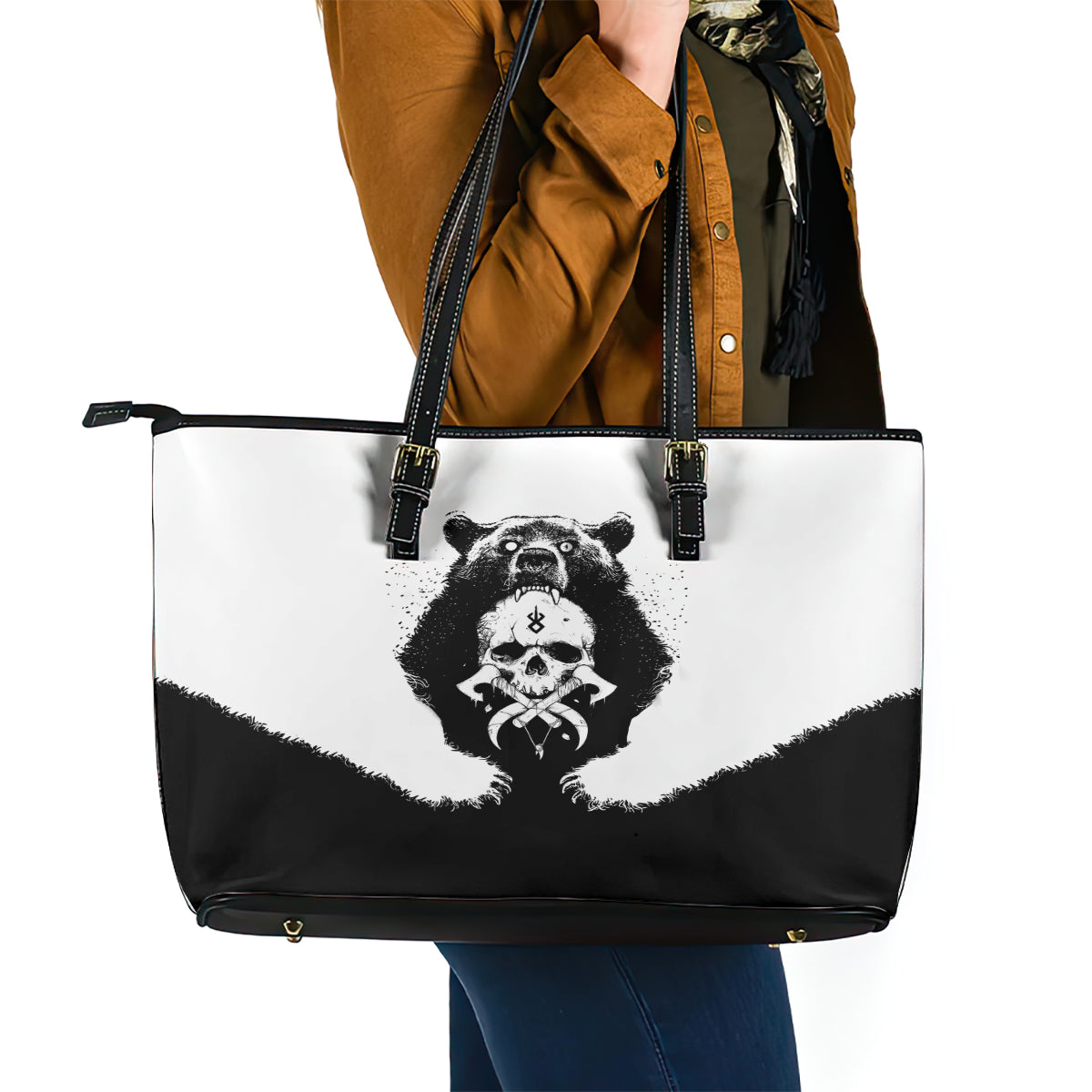 Viking Skull Leather Tote Bag Bear Viking Cross Skull - Wonder Print Shop