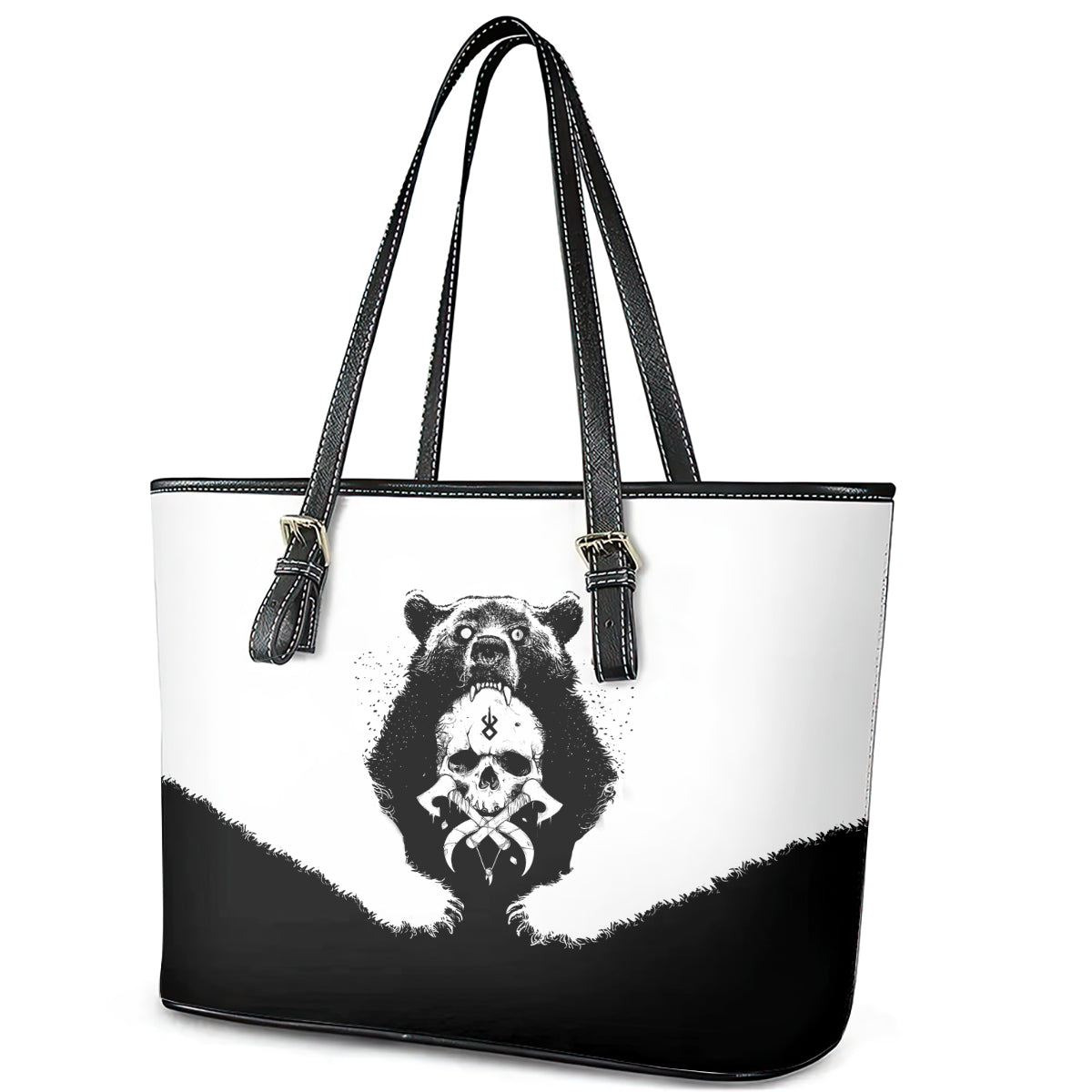 Viking Skull Leather Tote Bag Bear Viking Cross Skull - Wonder Print Shop