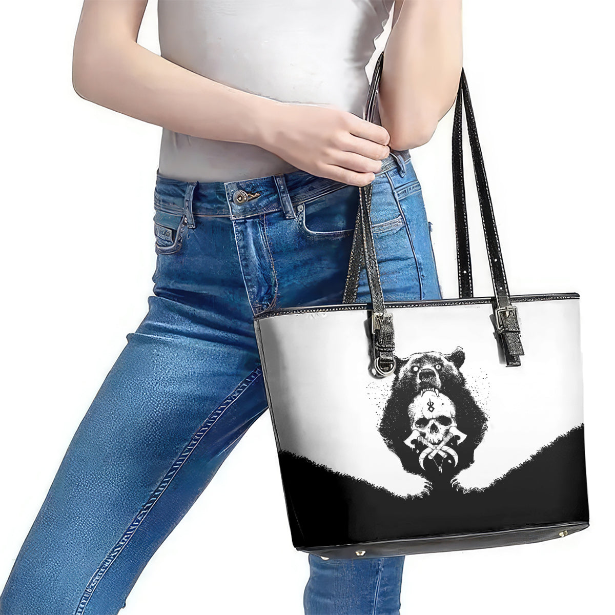 Viking Skull Leather Tote Bag Bear Viking Cross Skull - Wonder Print Shop