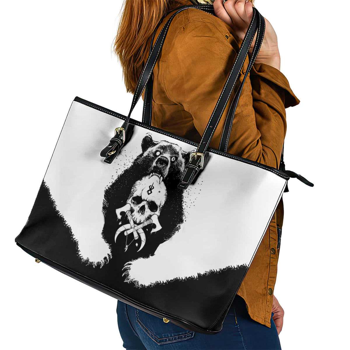 Viking Skull Leather Tote Bag Bear Viking Cross Skull - Wonder Print Shop