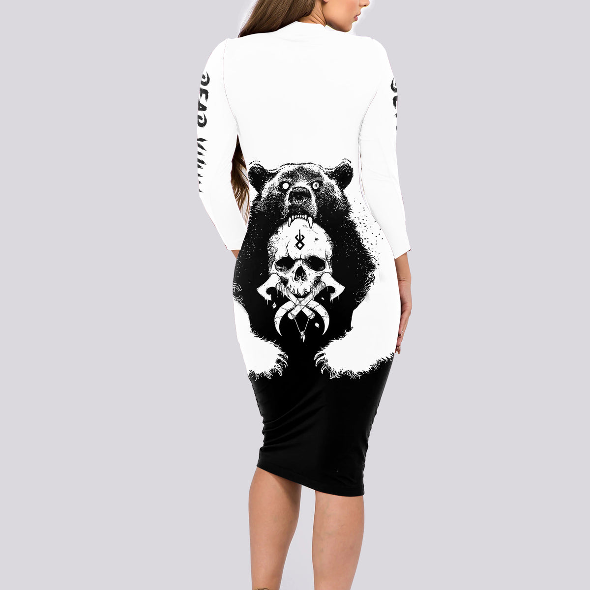Viking Skull Long Sleeve Bodycon Dress Bear Viking Cross Skull - Wonder Print Shop