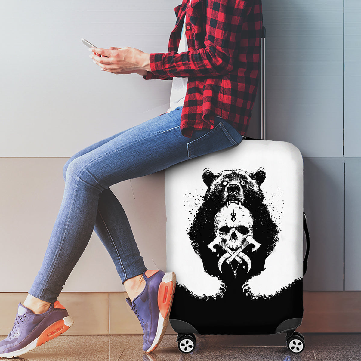 Viking Skull Luggage Cover Bear Viking Cross Skull - Wonder Print Shop