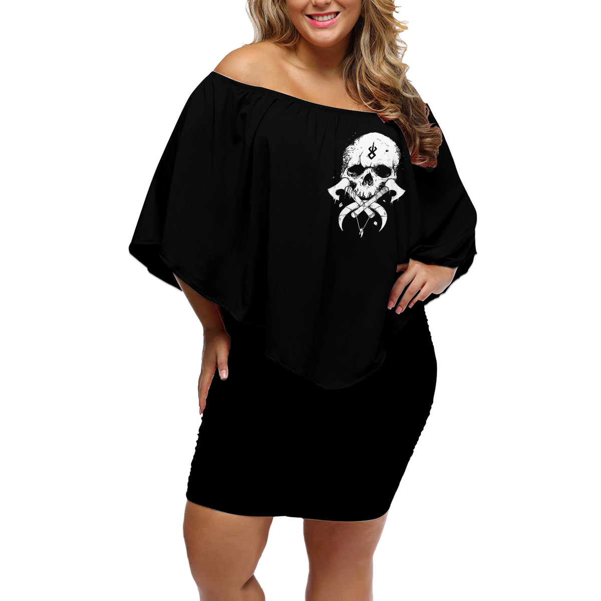 Viking Skull Off Shoulder Short Dress Bear Viking Cross Skull - Wonder Print Shop