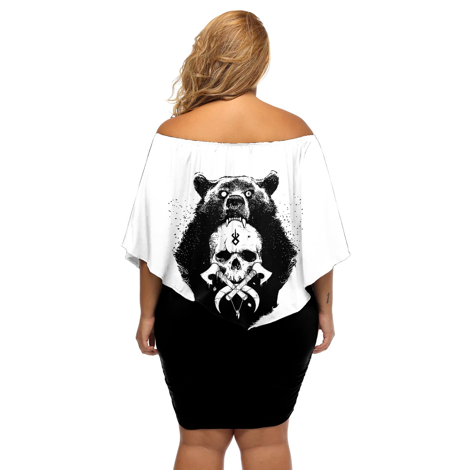 Viking Skull Off Shoulder Short Dress Bear Viking Cross Skull - Wonder Print Shop