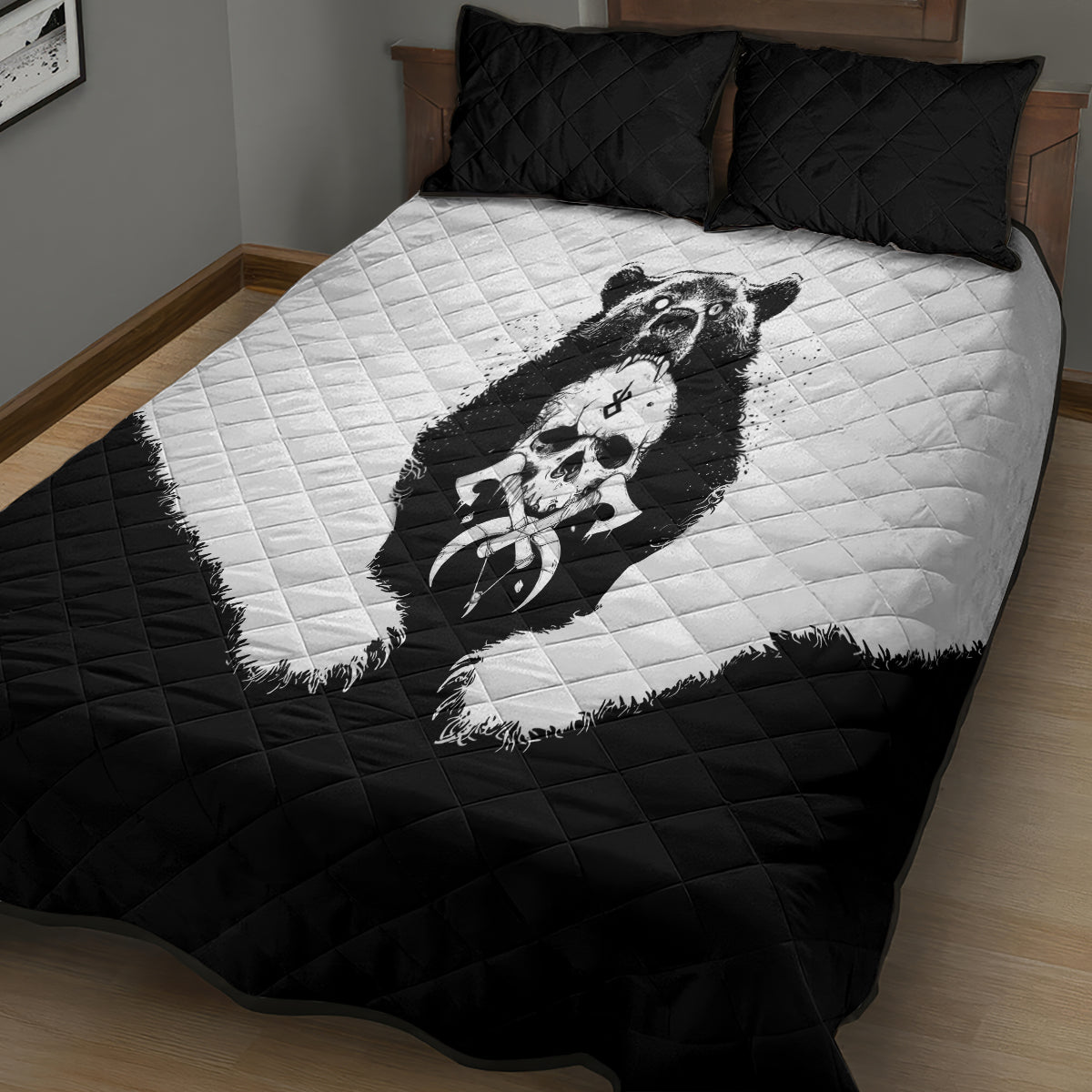 Viking Skull Quilt Bed Set Bear Viking Cross Skull - Wonder Print Shop