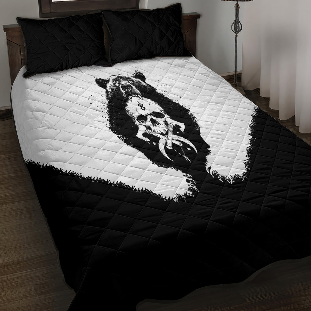 Viking Skull Quilt Bed Set Bear Viking Cross Skull - Wonder Print Shop