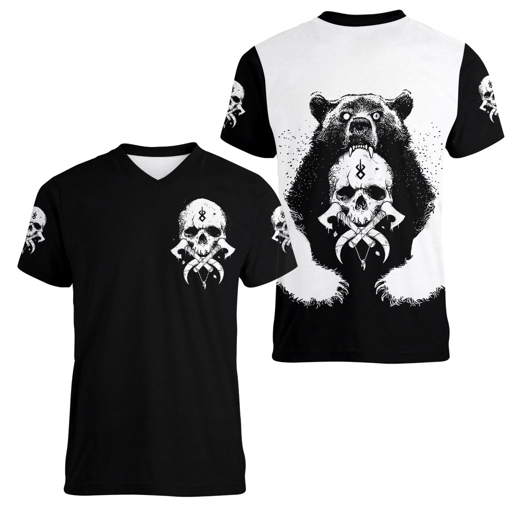 Viking Skull Women V Neck T Shirt Bear Viking Cross Skull - Wonder Print Shop