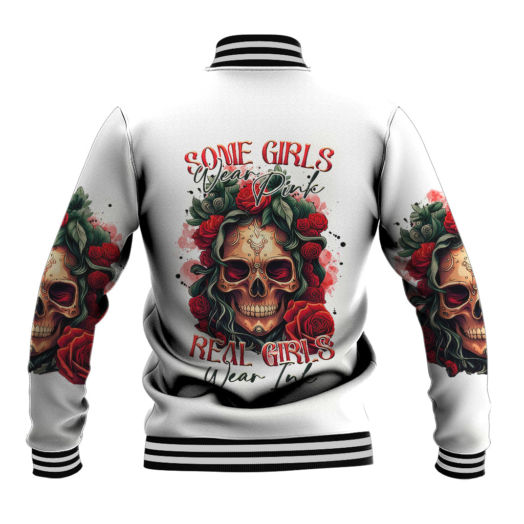 Rose Skull Baseball Jacket Some Girl Wear Pink Real Girl Wear Ink - Wonder Print Shop