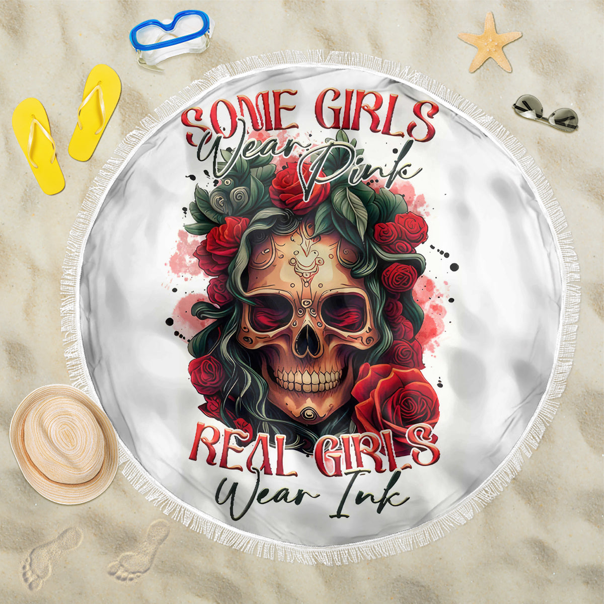 Rose Skull Beach Blanket Some Girl Wear Pink Real Girl Wear Ink - Wonder Print Shop