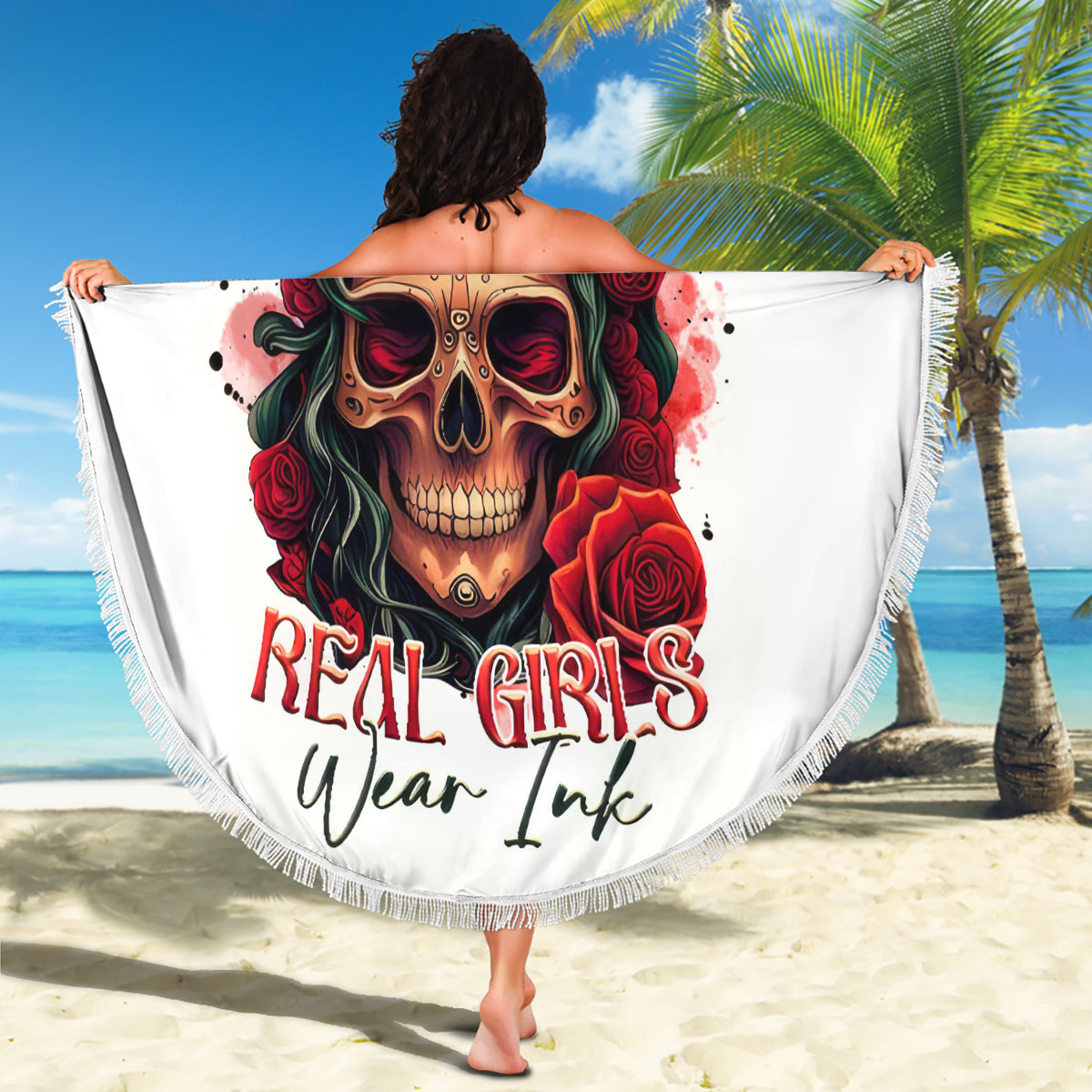 Rose Skull Beach Blanket Some Girl Wear Pink Real Girl Wear Ink - Wonder Print Shop