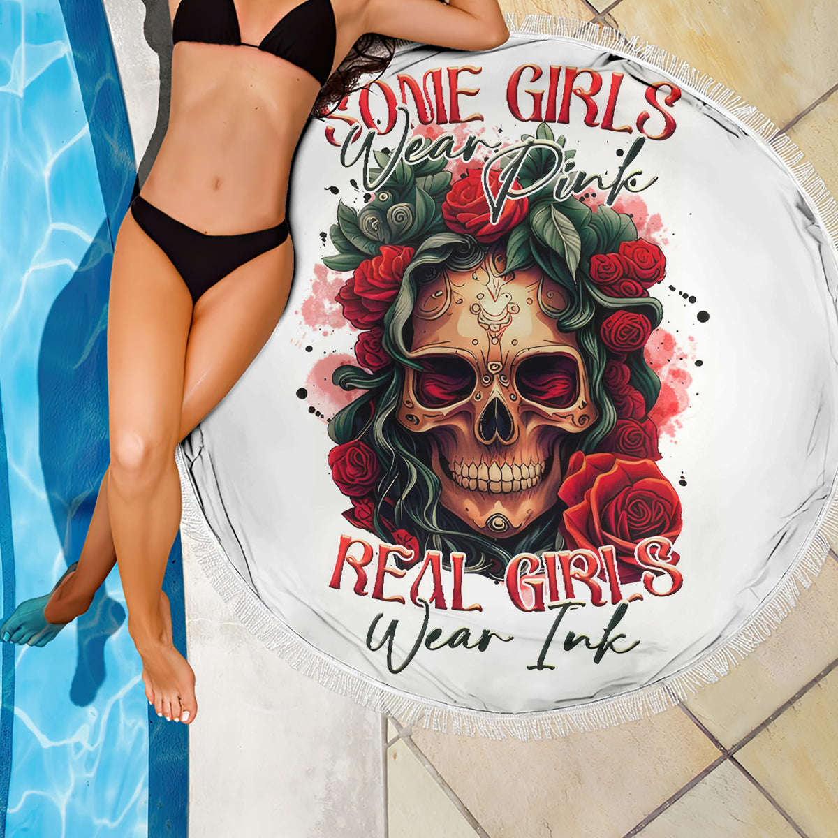 Rose Skull Beach Blanket Some Girl Wear Pink Real Girl Wear Ink - Wonder Print Shop