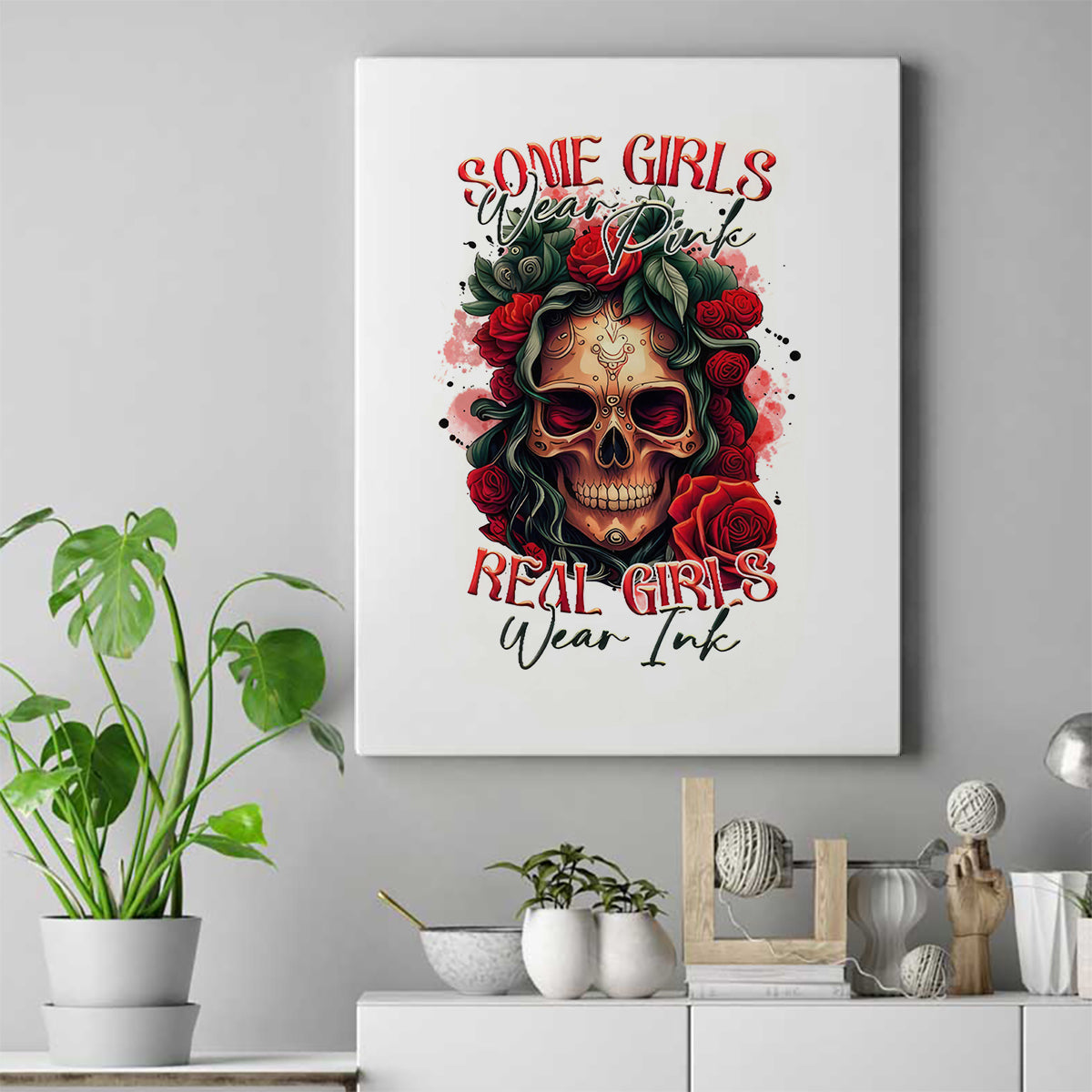 Rose Skull Canvas Wall Art Some Girl Wear Pink Real Girl Wear Ink - Wonder Print Shop