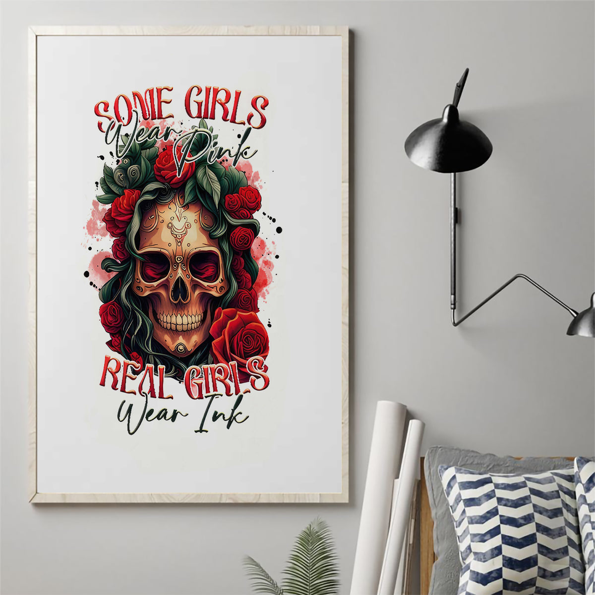 Rose Skull Canvas Wall Art Some Girl Wear Pink Real Girl Wear Ink - Wonder Print Shop