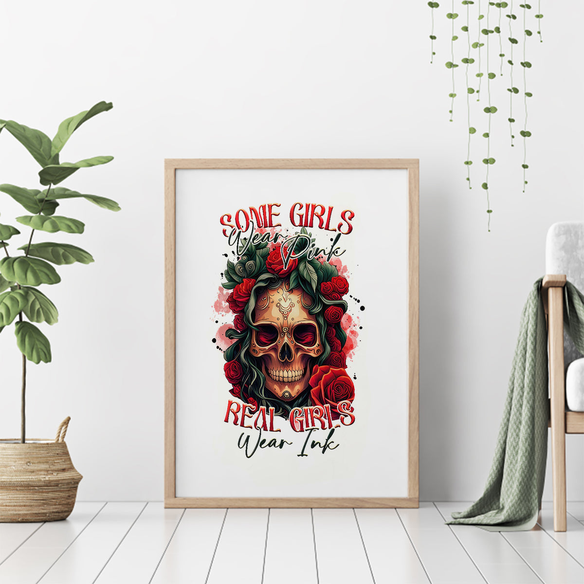 Rose Skull Canvas Wall Art Some Girl Wear Pink Real Girl Wear Ink - Wonder Print Shop