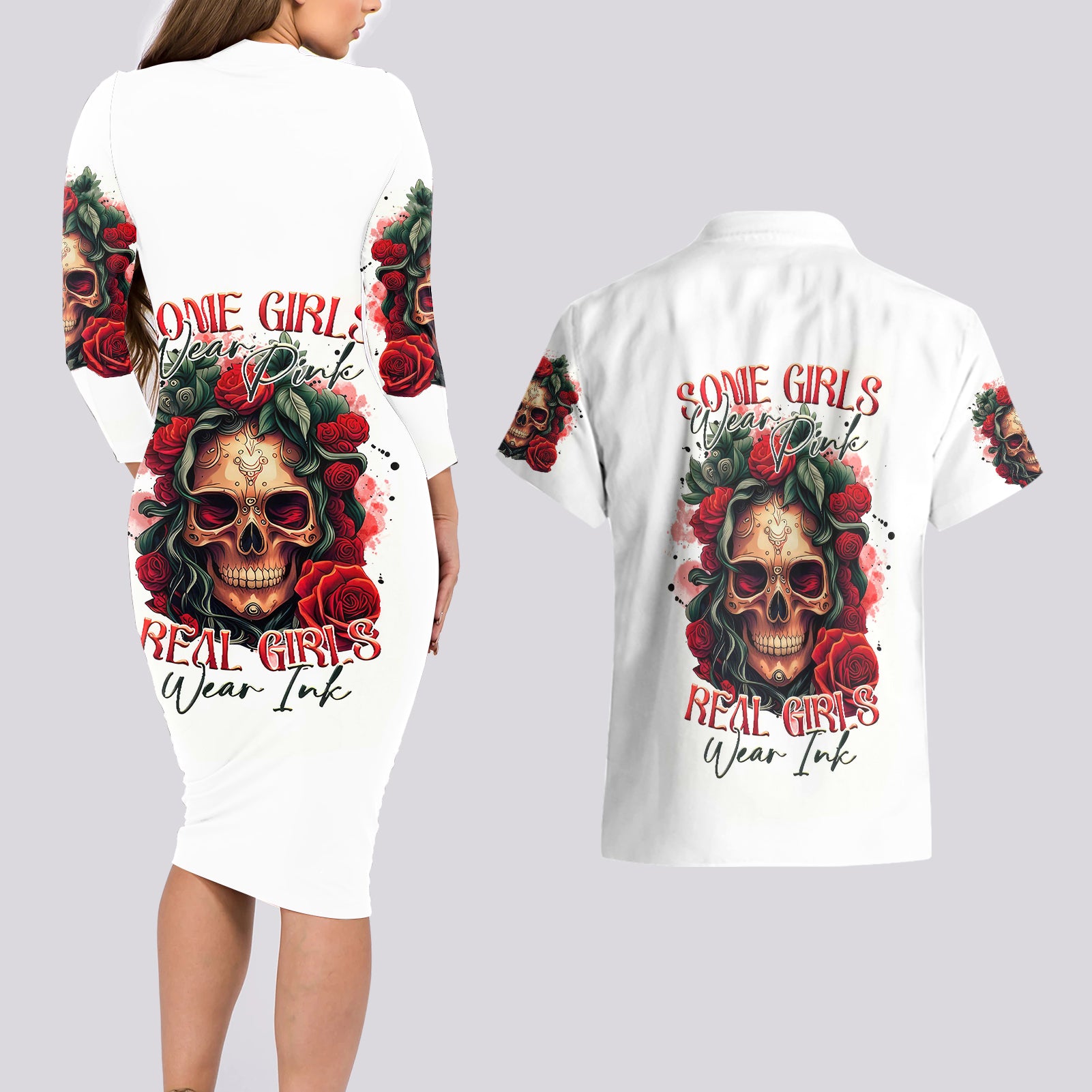 Rose Skull Couples Matching Long Sleeve Bodycon Dress and Hawaiian Shirt Some Girl Wear Pink Real Girl Wear Ink - Wonder Print Shop