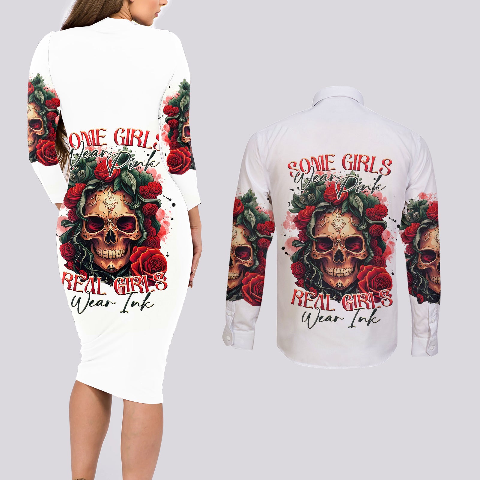 Rose Skull Couples Matching Long Sleeve Bodycon Dress and Long Sleeve Button Shirts Some Girl Wear Pink Real Girl Wear Ink - Wonder Print Shop