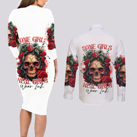 Rose Skull Couples Matching Long Sleeve Bodycon Dress and Long Sleeve Button Shirts Some Girl Wear Pink Real Girl Wear Ink - Wonder Print Shop
