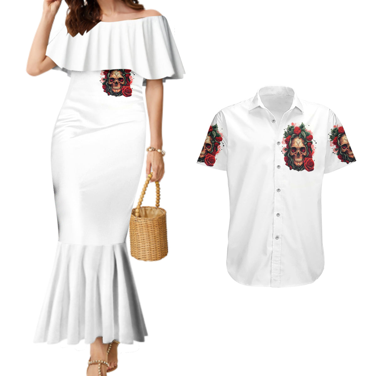 Rose Skull Couples Matching Mermaid Dress and Hawaiian Shirt Some Girl Wear Pink Real Girl Wear Ink - Wonder Print Shop