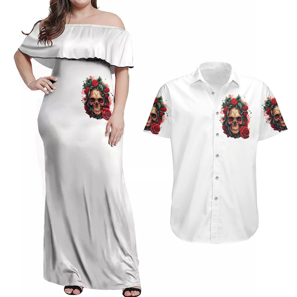 Rose Skull Couples Matching Off Shoulder Maxi Dress and Hawaiian Shirt Some Girl Wear Pink Real Girl Wear Ink - Wonder Print Shop