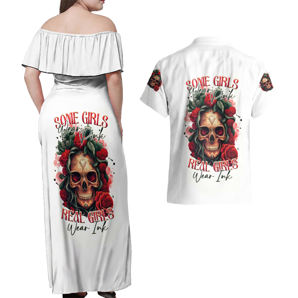 Rose Skull Couples Matching Off Shoulder Maxi Dress and Hawaiian Shirt Some Girl Wear Pink Real Girl Wear Ink - Wonder Print Shop