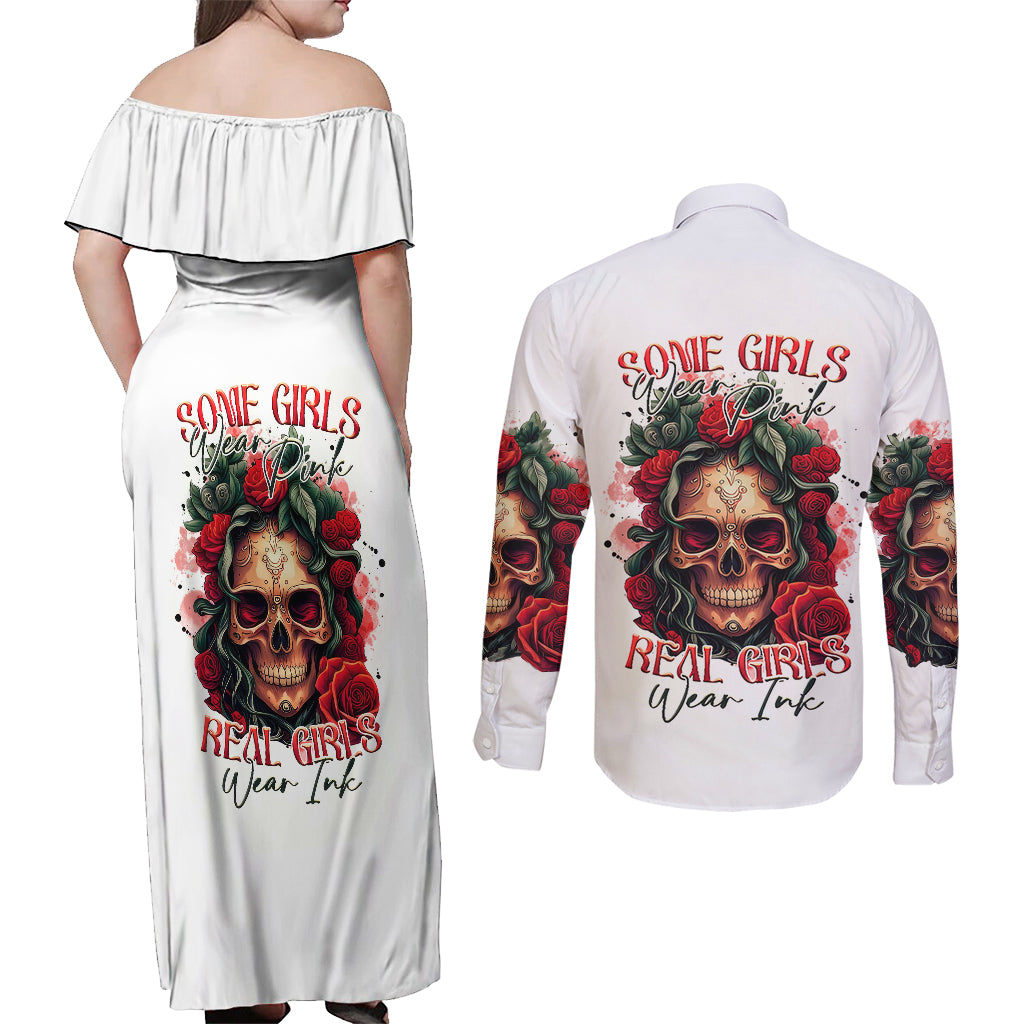 Rose Skull Couples Matching Off Shoulder Maxi Dress and Long Sleeve Button Shirts Some Girl Wear Pink Real Girl Wear Ink - Wonder Print Shop