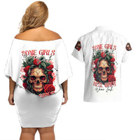 Rose Skull Couples Matching Off Shoulder Short Dress and Hawaiian Shirt Some Girl Wear Pink Real Girl Wear Ink - Wonder Print Shop