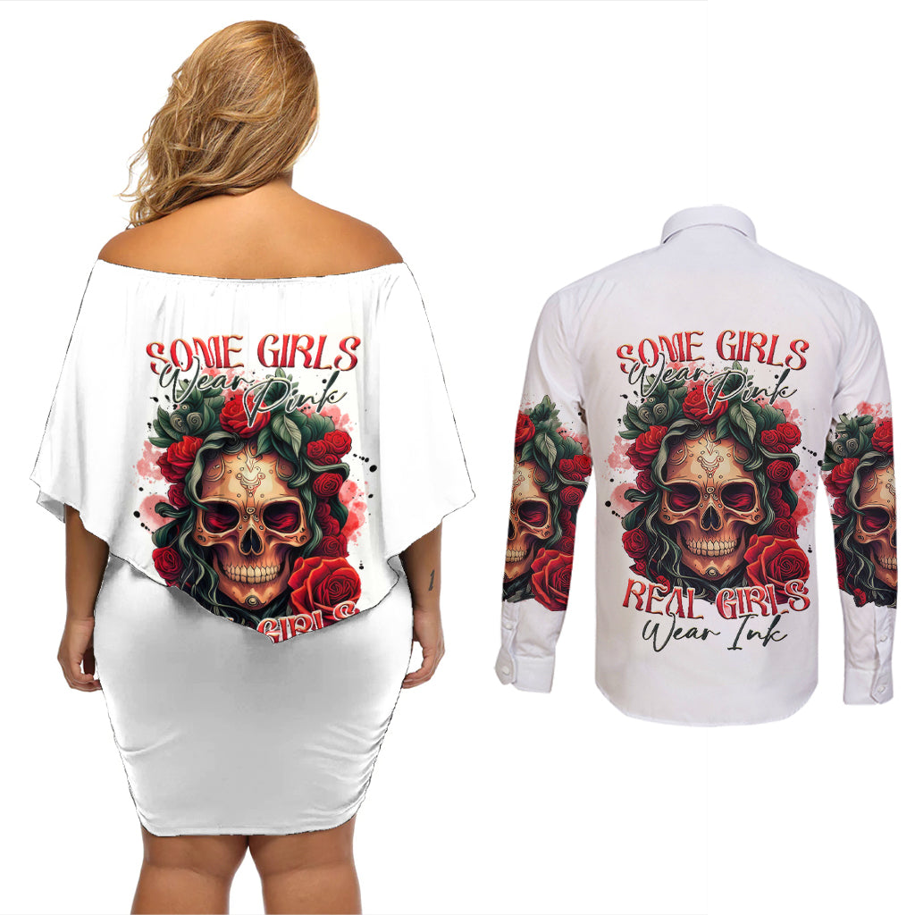 Rose Skull Couples Matching Off Shoulder Short Dress and Long Sleeve Button Shirts Some Girl Wear Pink Real Girl Wear Ink - Wonder Print Shop