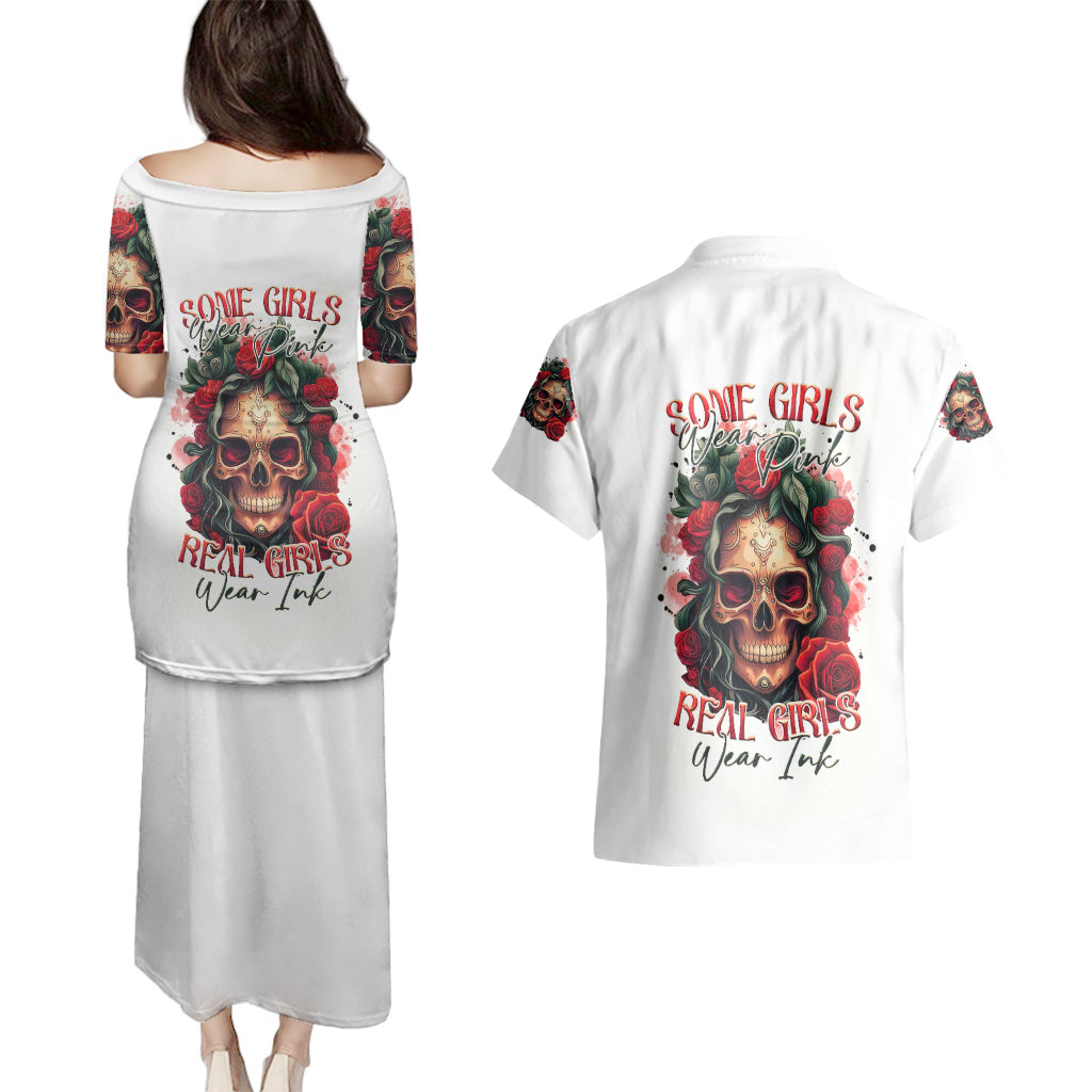 Rose Skull Couples Matching Puletasi Dress and Hawaiian Shirt Some Girl Wear Pink Real Girl Wear Ink - Wonder Print Shop