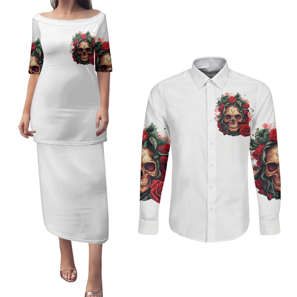 Rose Skull Couples Matching Puletasi Dress and Long Sleeve Button Shirts Some Girl Wear Pink Real Girl Wear Ink - Wonder Print Shop