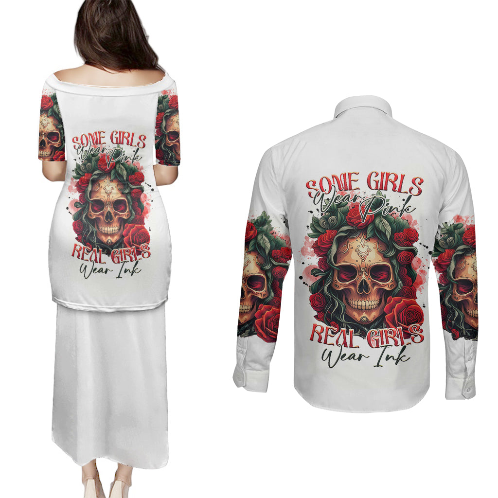 Rose Skull Couples Matching Puletasi Dress and Long Sleeve Button Shirts Some Girl Wear Pink Real Girl Wear Ink - Wonder Print Shop