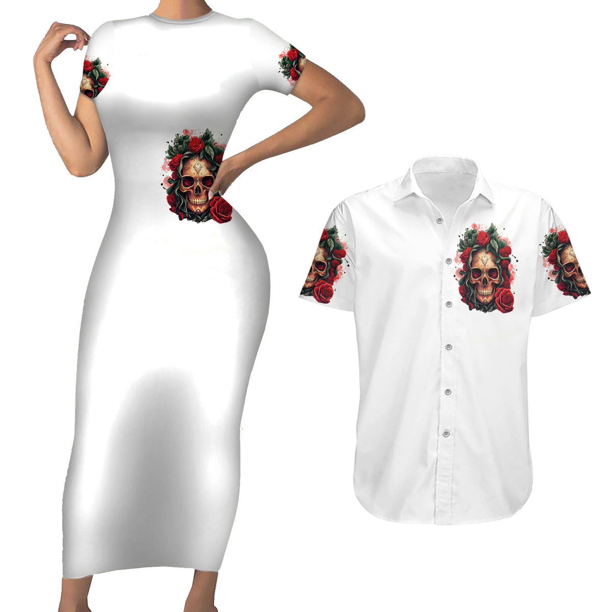 Rose Skull Couples Matching Short Sleeve Bodycon Dress and Hawaiian Shirt Some Girl Wear Pink Real Girl Wear Ink - Wonder Print Shop