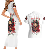 Rose Skull Couples Matching Short Sleeve Bodycon Dress and Hawaiian Shirt Some Girl Wear Pink Real Girl Wear Ink - Wonder Print Shop