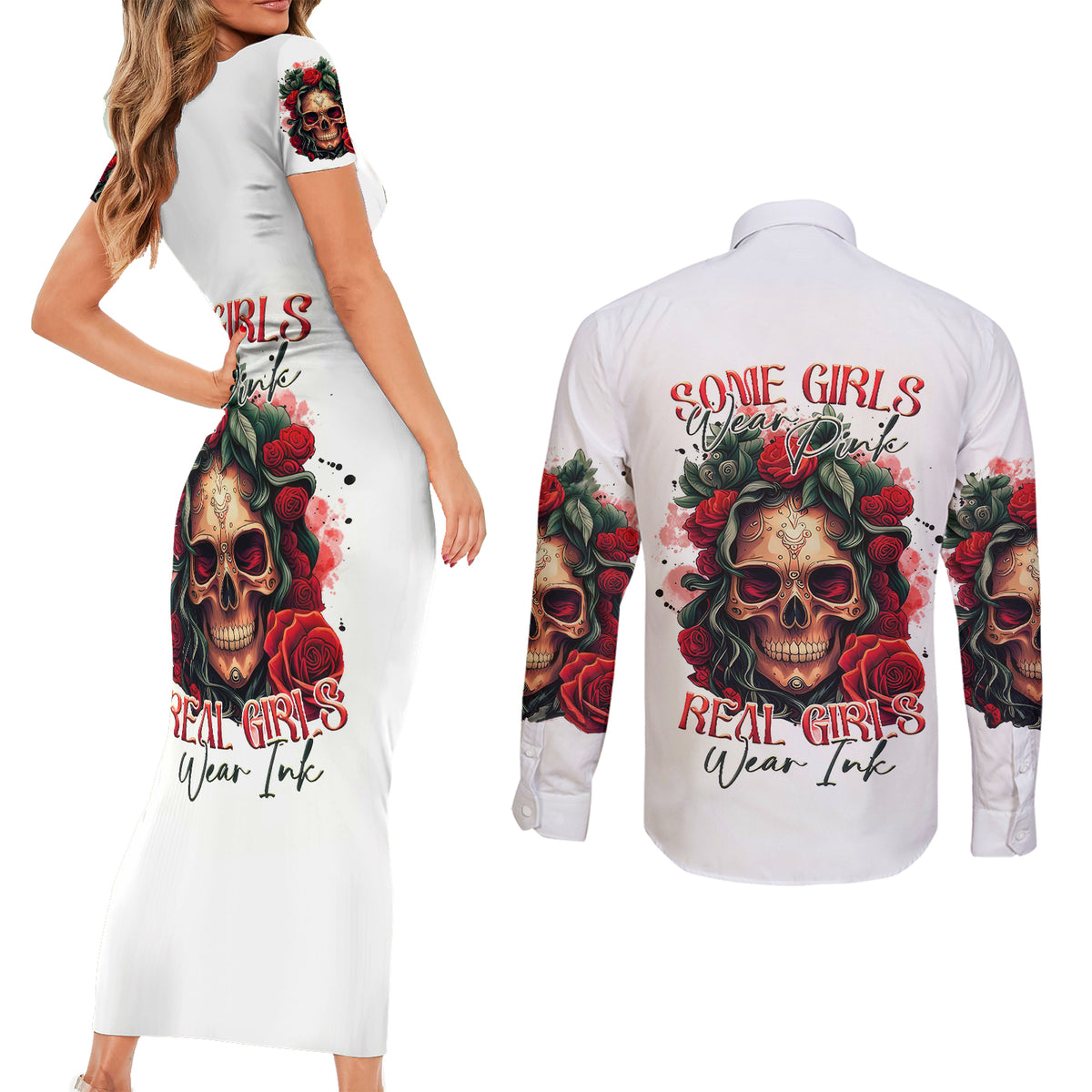 Rose Skull Couples Matching Short Sleeve Bodycon Dress and Long Sleeve Button Shirts Some Girl Wear Pink Real Girl Wear Ink - Wonder Print Shop